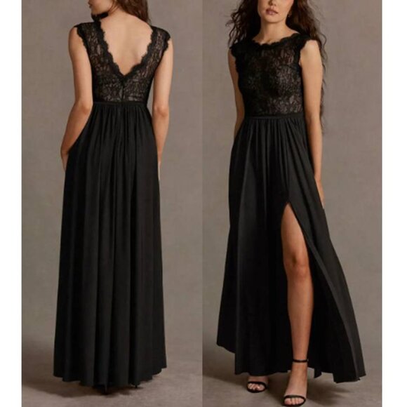 Azazie Lace Bodice Luxe Knit Maxi Dress Plunging Back Evening Party Anna Black - Picture 2 of 10